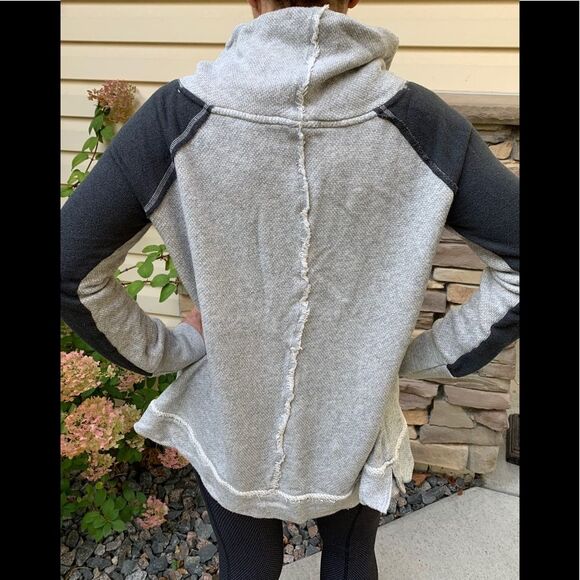 Free People grey sweater, black sleeve panels, cowl collar, distressed,ragged, S - Picture 14 of 15